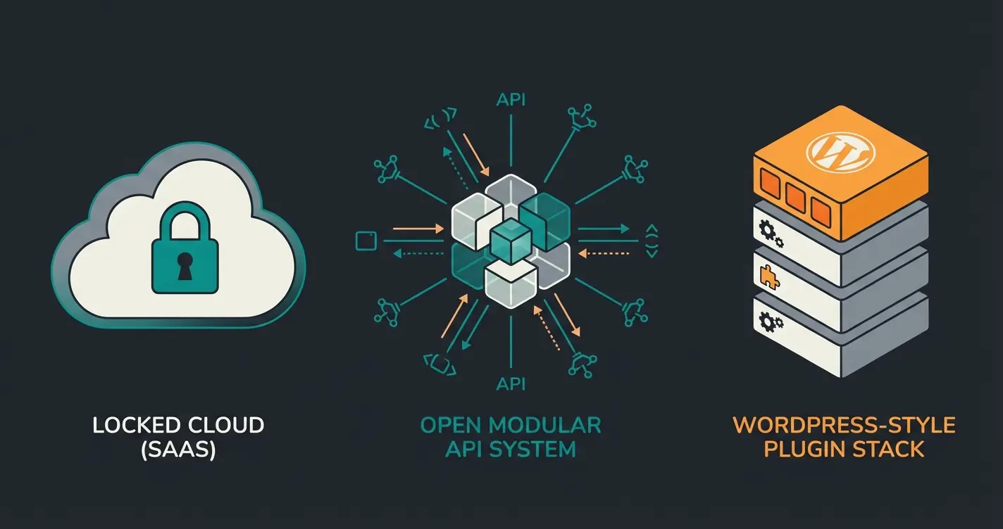 Comparison of Shopware API-first architecture versus Shopify SaaS model and WooCommerce plugin architecture