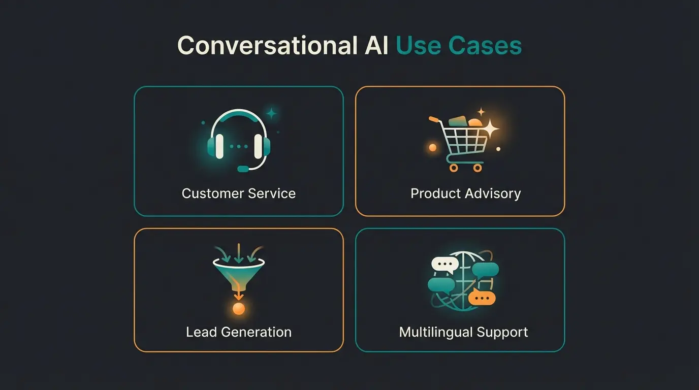 Die vier Hauptanwendungsbereiche von Conversational AI: Kundenservice, Produktberatung, Leadgenerierung und mehrsprachiger Support
