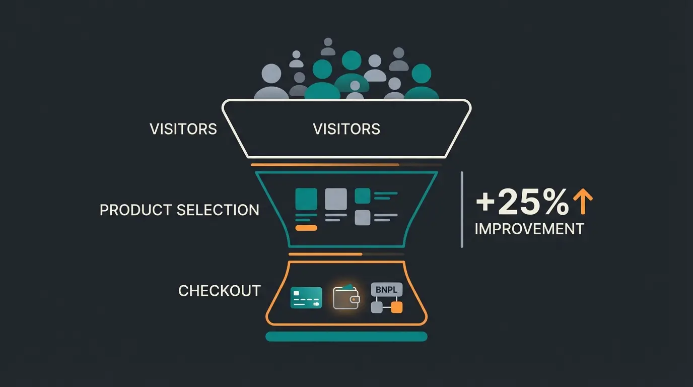 Conversion funnel showing how payment method availability impacts checkout completion rates