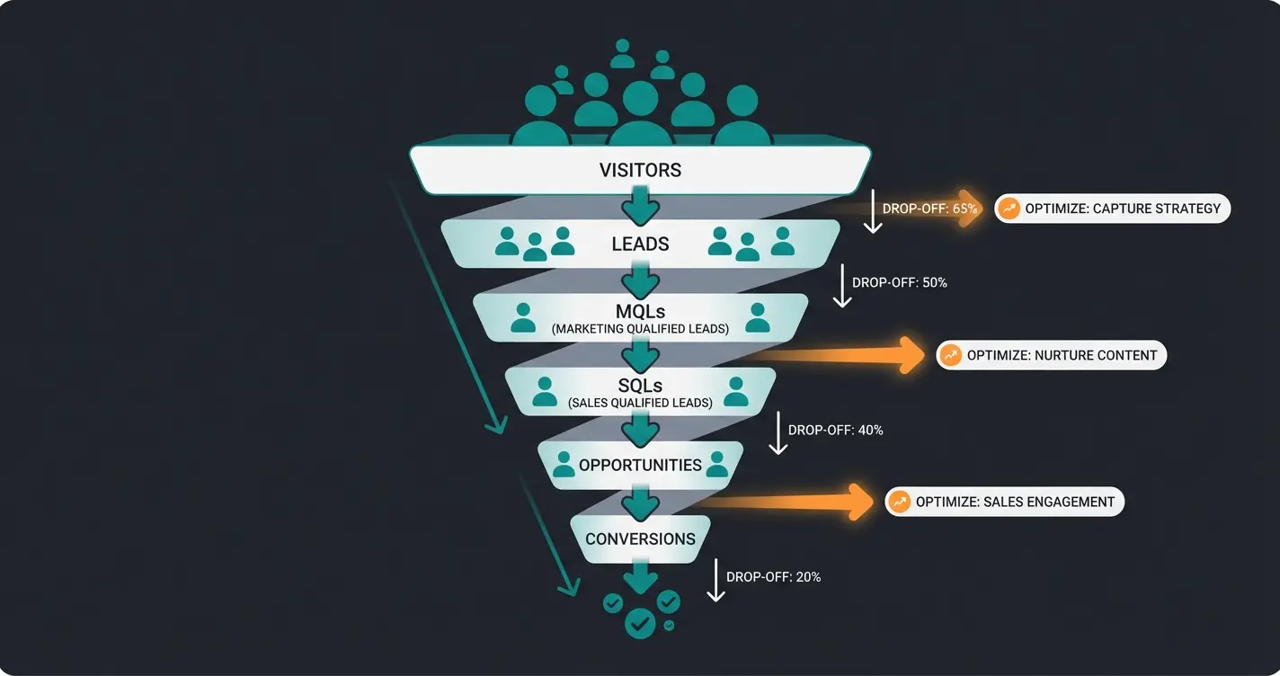 Conversion Funnel im E-Commerce mit sechs Stufen und Drop-off-Raten pro Stufe
