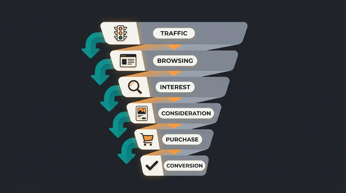 Ecommerce conversion funnel showing six stages from traffic quality to post-purchase with drop-off points at each transition