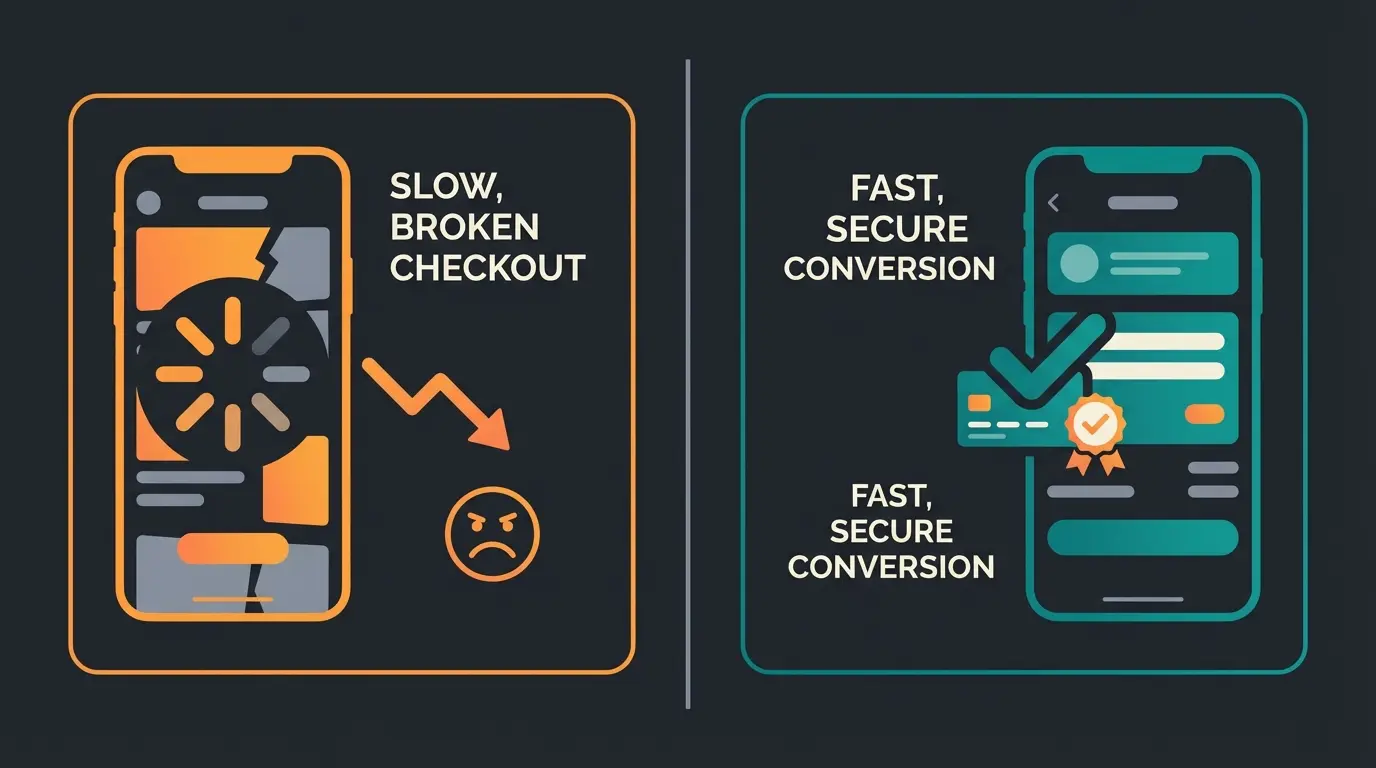 Comparison of poor ecommerce experience causing low conversion vs optimized shopping experience driving purchases