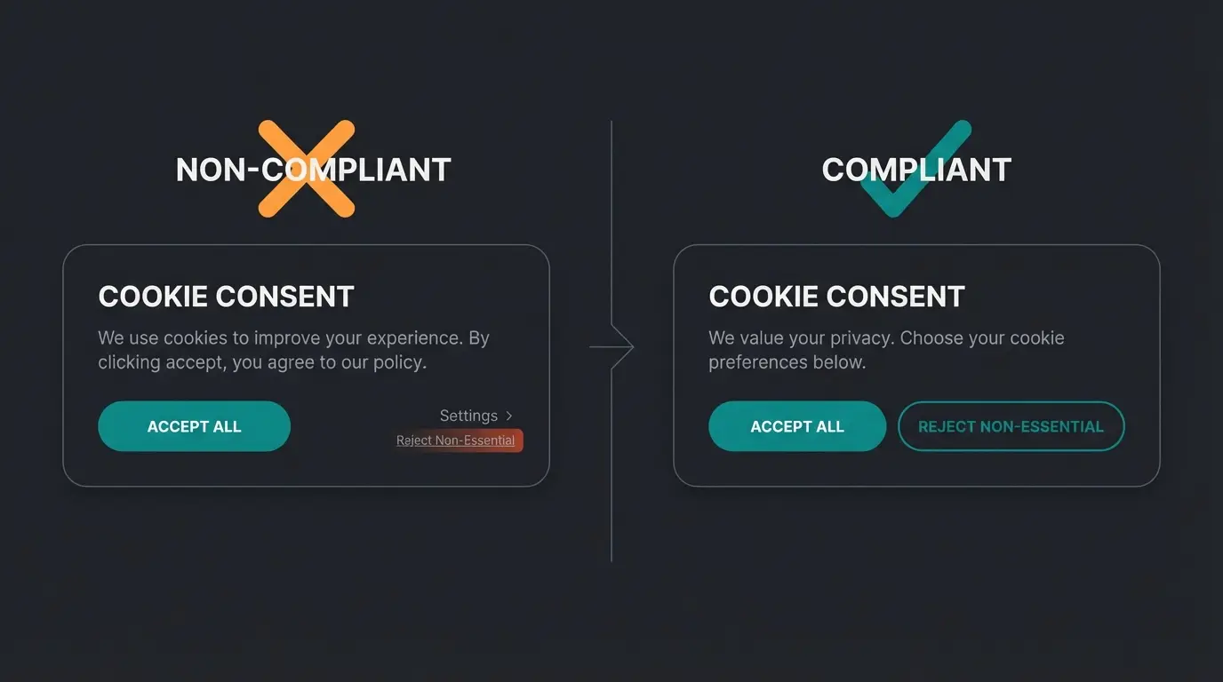 Visual comparison of GDPR compliant cookie banner designs showing equal-weight accept and reject buttons