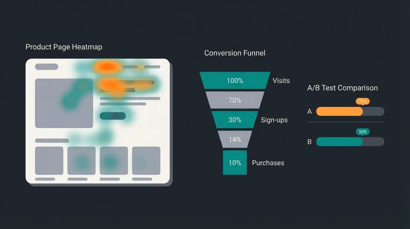 CRO tools dashboard showing heatmaps, funnel analytics, and A/B test results