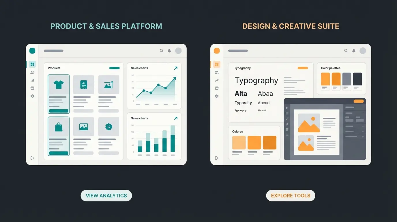 Shopify and Squarespace platform comparison showing e-commerce dashboard versus design-focused interface