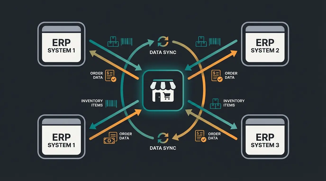ERP integration with Shopware 6 showing data flow between shop, warehouse, and inventory management