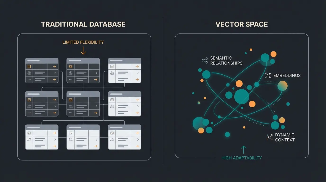 Vergleich zwischen relationaler Datenbank und Vektordatenbank als visuelle Darstellung