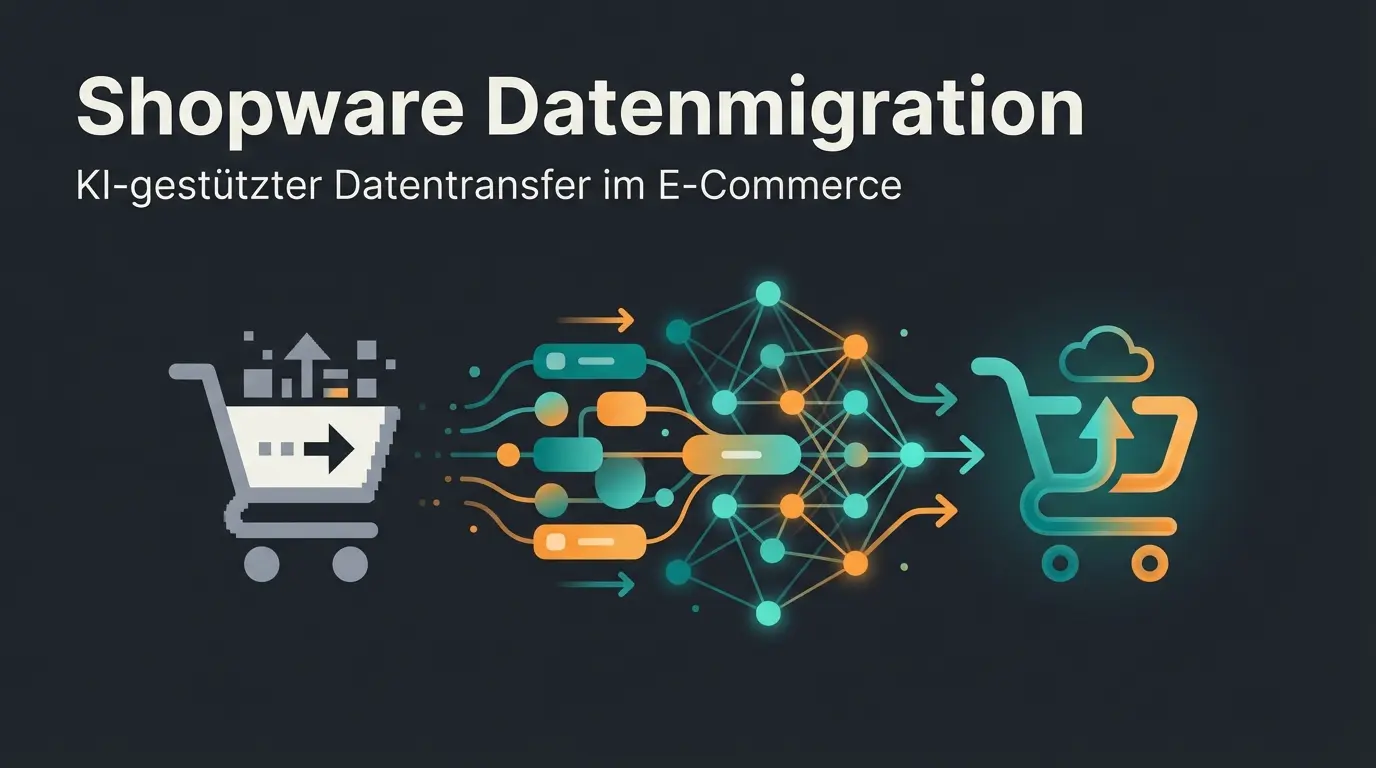 Shopware Migration von Version 5 auf 6 mit Datentransfer und KI-Integration visualisiert