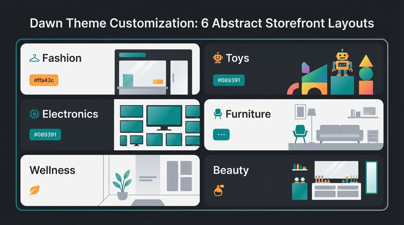 Seven real Shopify stores using Dawn theme across different industries showing customization versatility