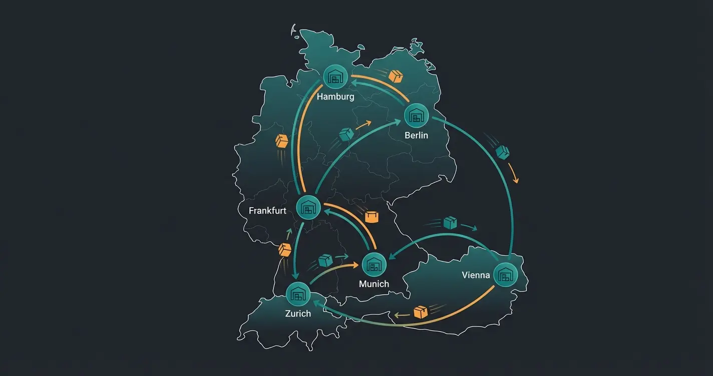 Shopify Fulfillment-Netzwerk in der DACH-Region mit Lagerstandorten und Versandrouten