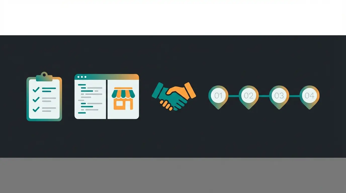 Step-by-step WooCommerce developer hiring process showing requirements, portfolio review, skills evaluation, and contract agreement