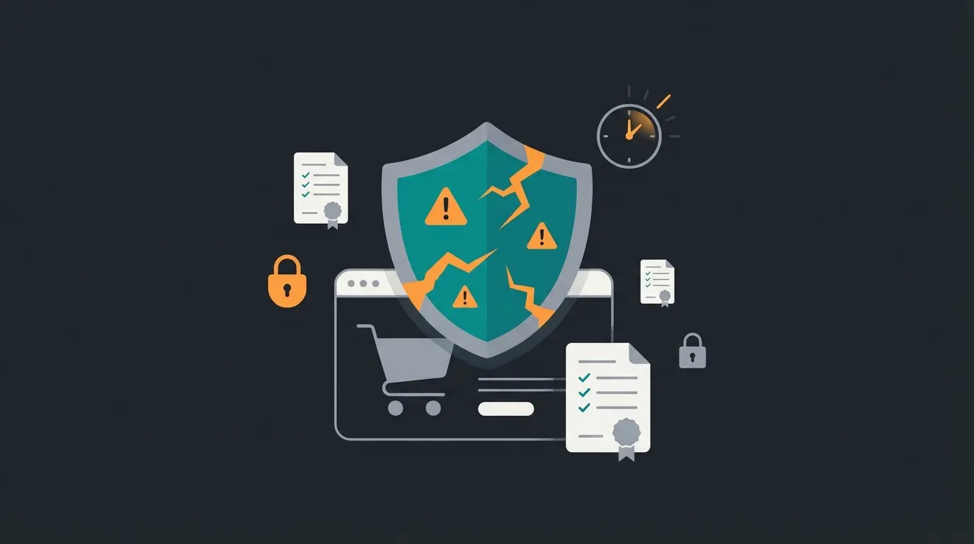 Security and compliance risks after Shopware 5 end of life: cracked shield representing unpatched vulnerabilities