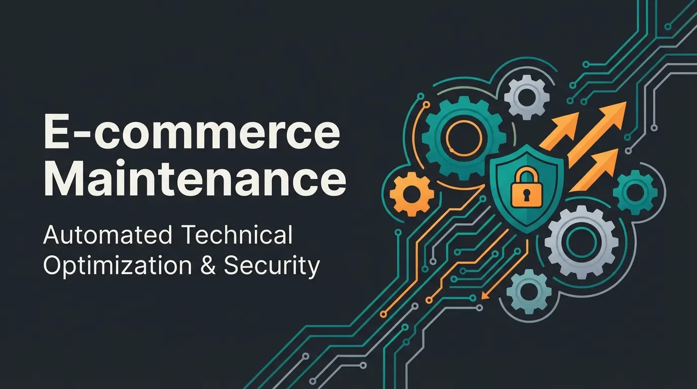 Magento maintenance and AI optimization concept illustration with security shields and performance metrics