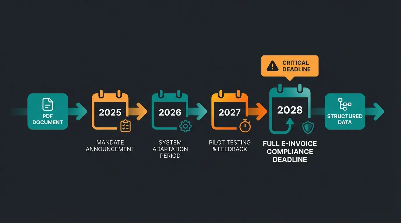 E-Invoice timeline infographic showing 2025 mandate deadlines for German B2B