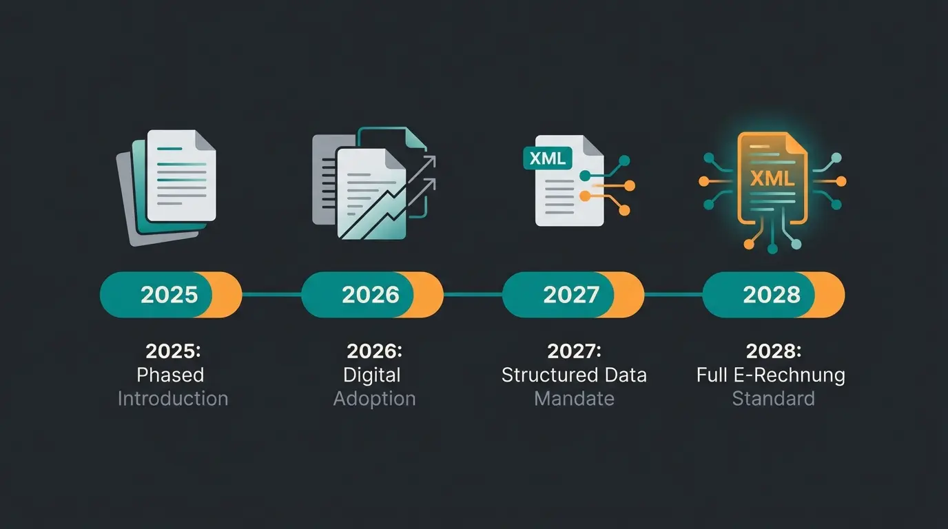 E-Rechnung Zeitplan 2025 bis 2028 mit Übergangsfristen für deutsche Unternehmen
