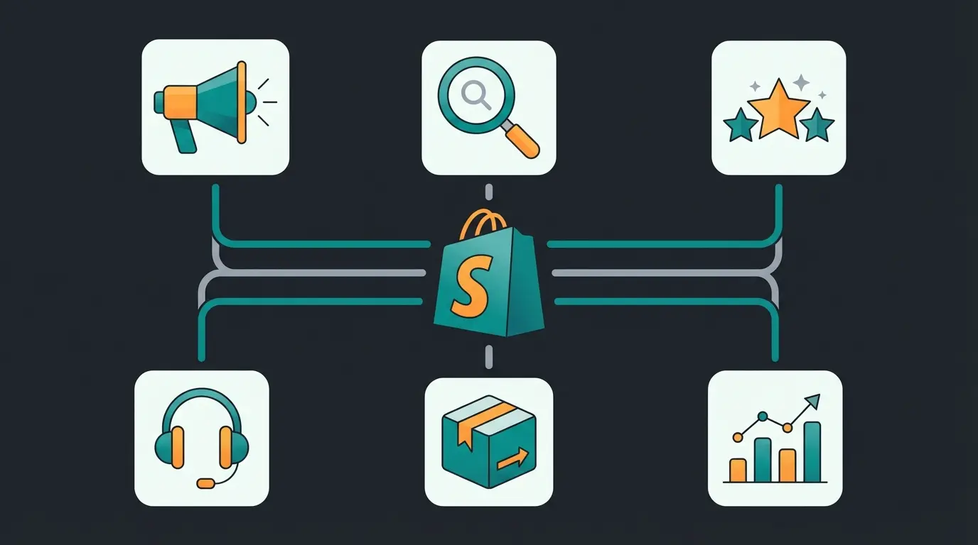 Shopify App Store categories including marketing, SEO, reviews, customer service, shipping, and analytics