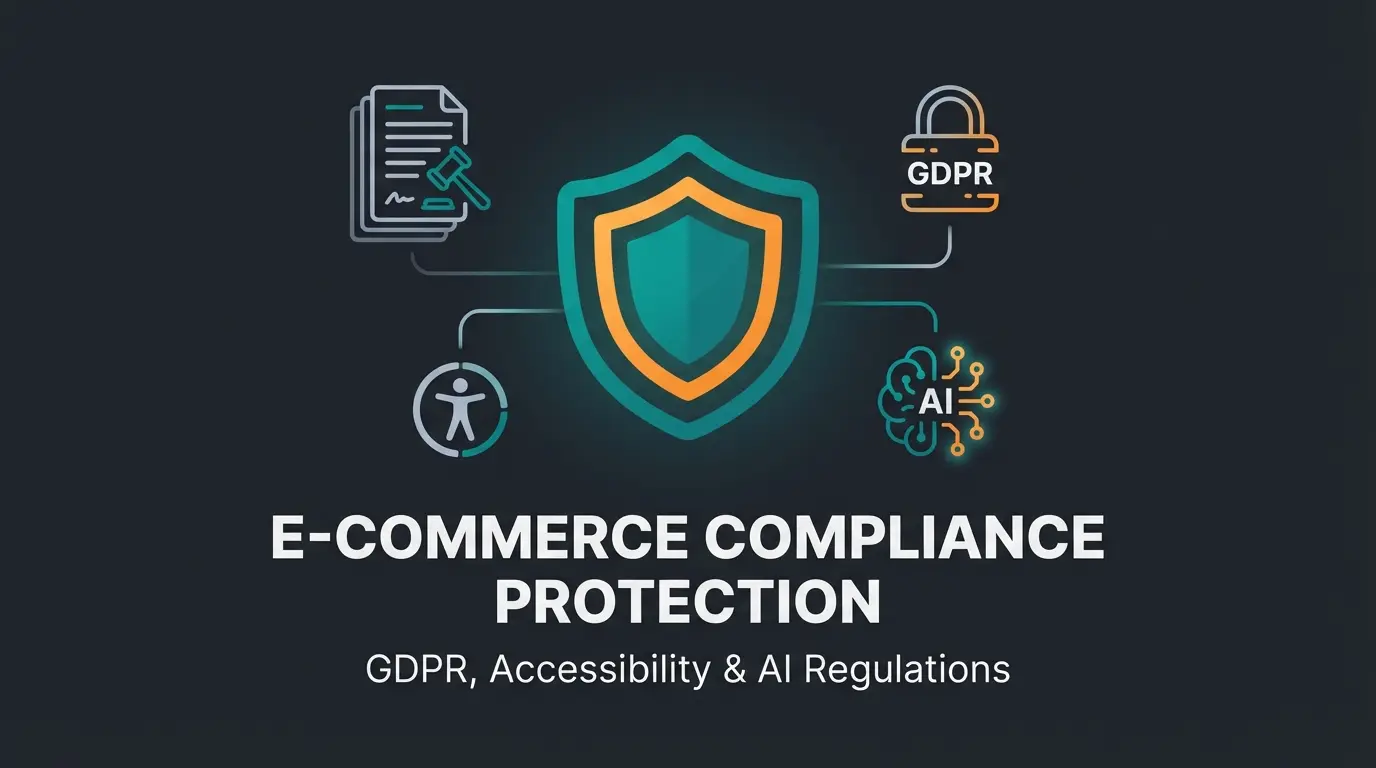 Shopify legal compliance shield with GDPR, AI Act, and accessibility icons on dark background