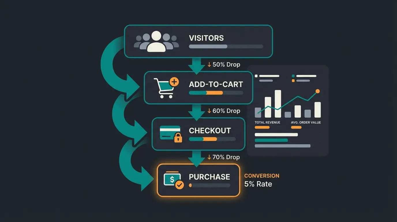 Ecommerce conversion funnel showing visitor drop-off at each stage from browsing to purchase