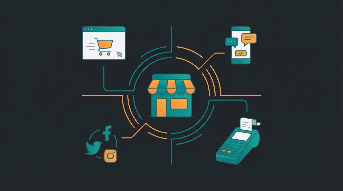 Shopify connects your online store with multiple sales channels including web, mobile, social media, and in-store point of sale