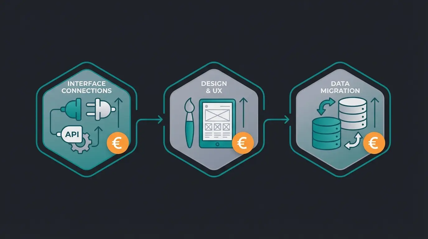Infografik zu den größten Kostentreibern bei Shopware Shop Erstellung: Schnittstellen, Design und Datenmigration
