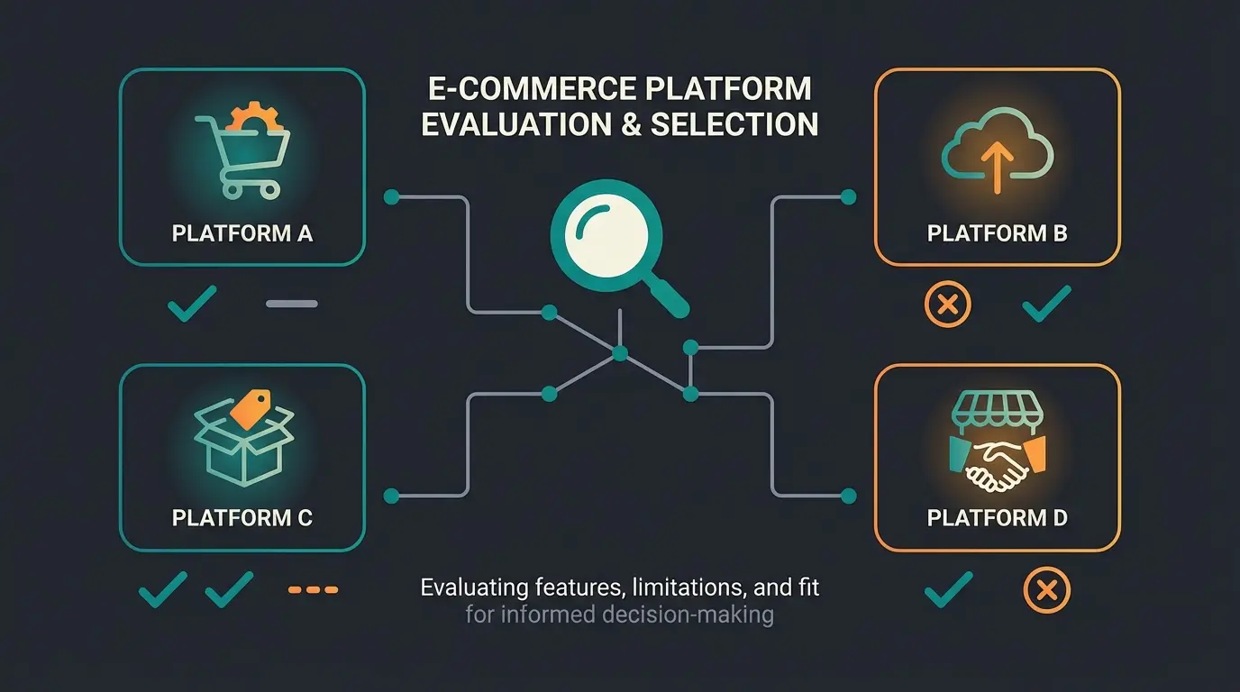 E-commerce platform comparison showing Shopify alternatives mapped to specific disadvantages