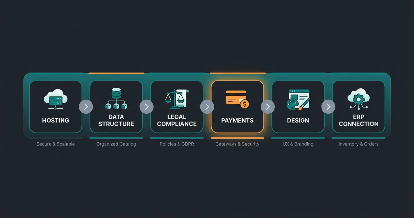 Shopware online shop setup process showing six implementation phases from hosting to ERP connection