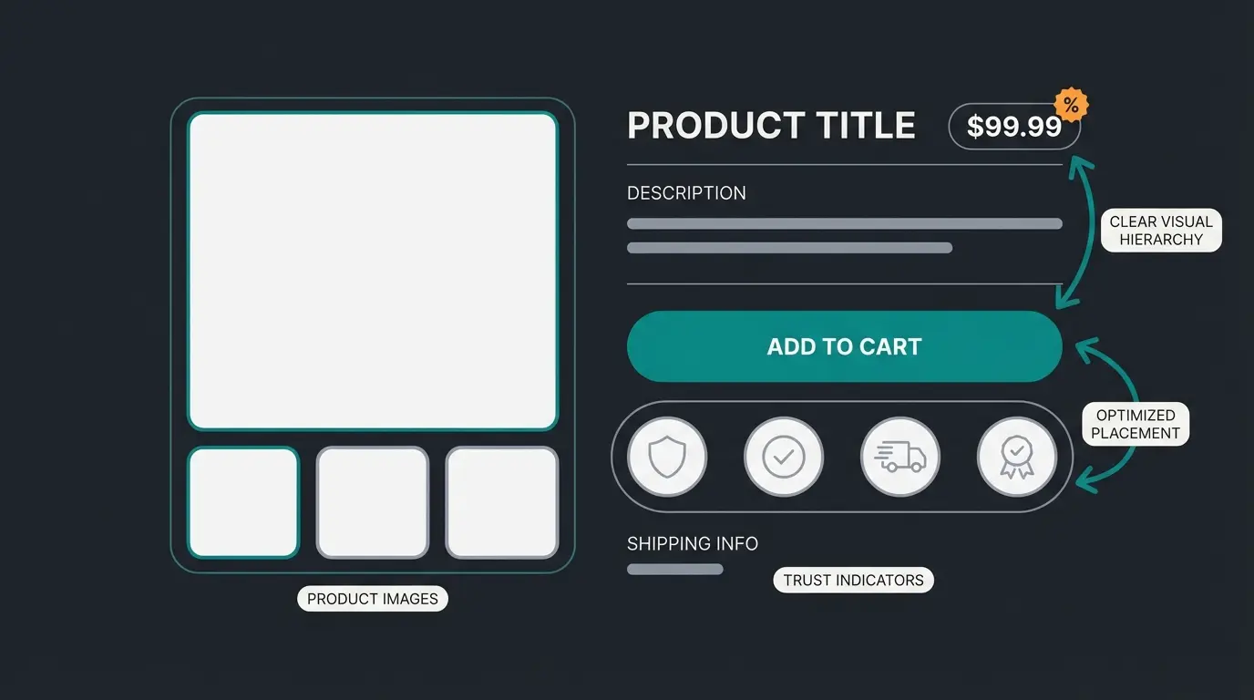 Conversion-optimierte Shopify Produktseite mit CTA-Platzierung, Trust Badges und visueller Hierarchie