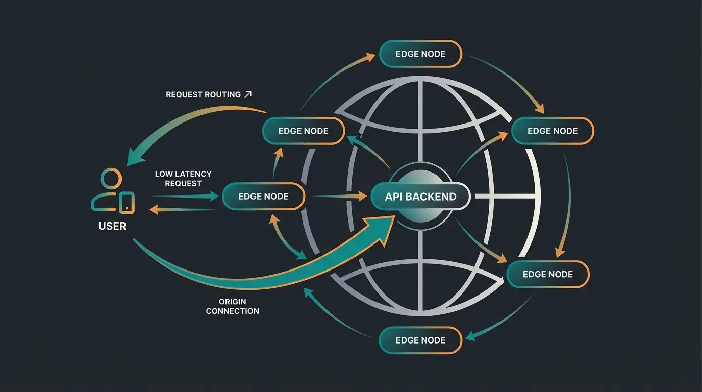 Shopify Oxygen edge deployment architecture showing request routing from user to edge worker to Shopify API