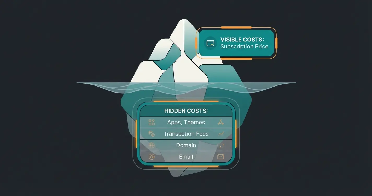 Versteckte Kosten bei Shopify: Eisberg-Darstellung mit sichtbaren Abokosten und versteckten Zusatzkosten