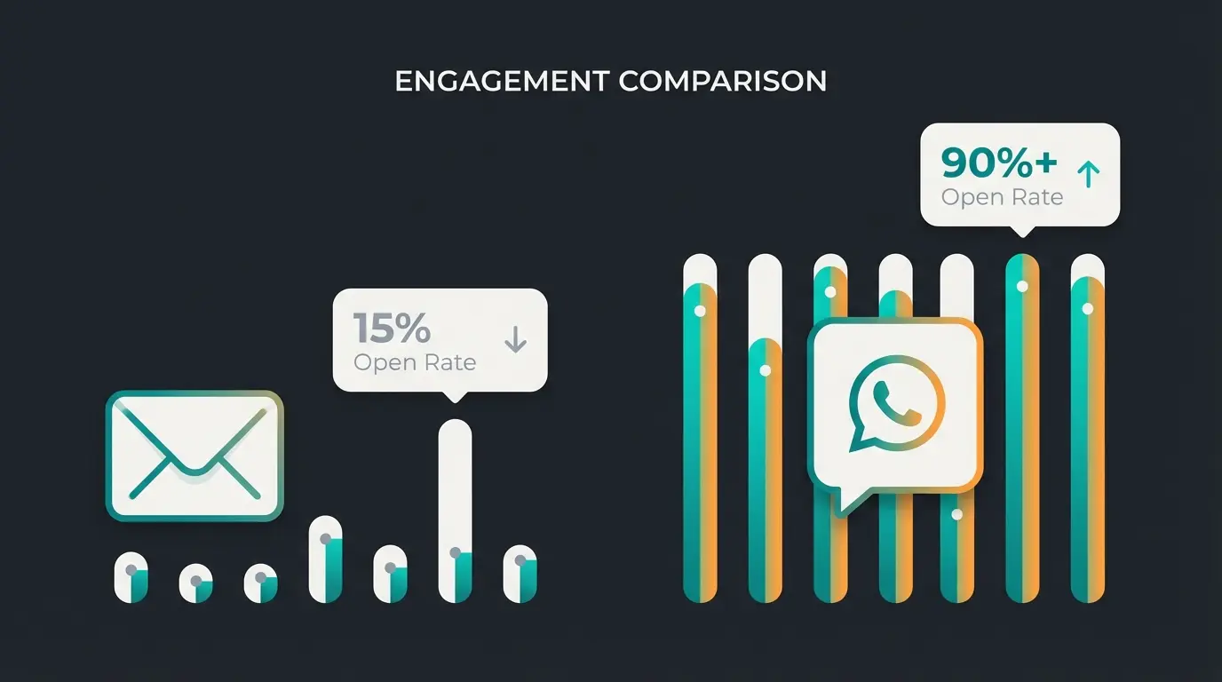 WhatsApp marketing vs email marketing engagement comparison showing 98% open rates for WhatsApp versus 20-25% for email