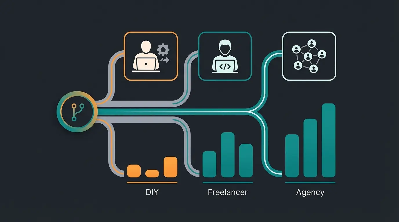 Comparison of DIY, freelancer, and Shopware agency approaches showing different team sizes and outcomes
