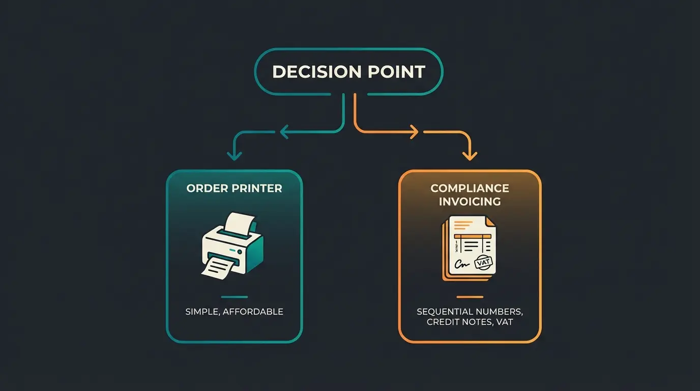 Decision diagram showing when to choose an order printer app versus a full invoicing app for Shopify