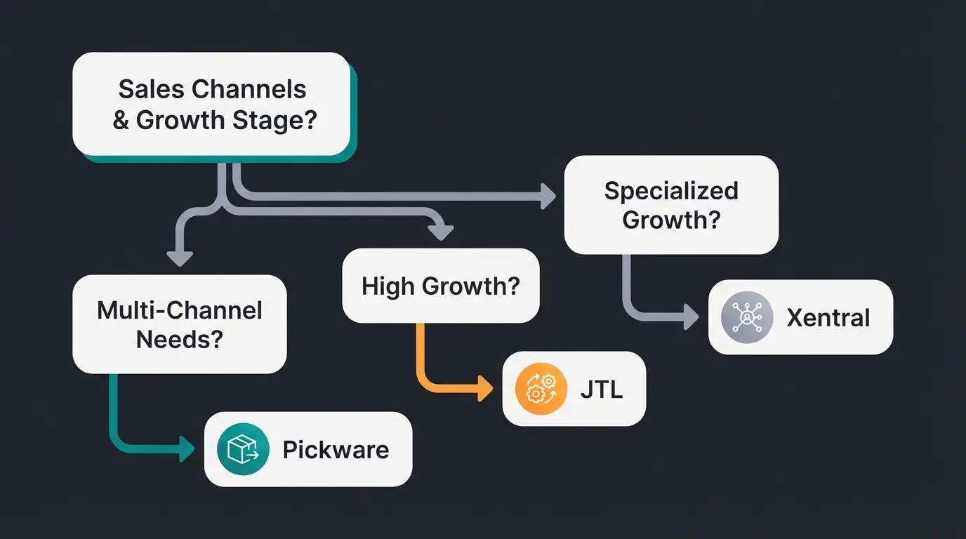 Entscheidungsbaum: Pickware vs JTL vs Xentral nach Vertriebsstruktur und Shopgroesse