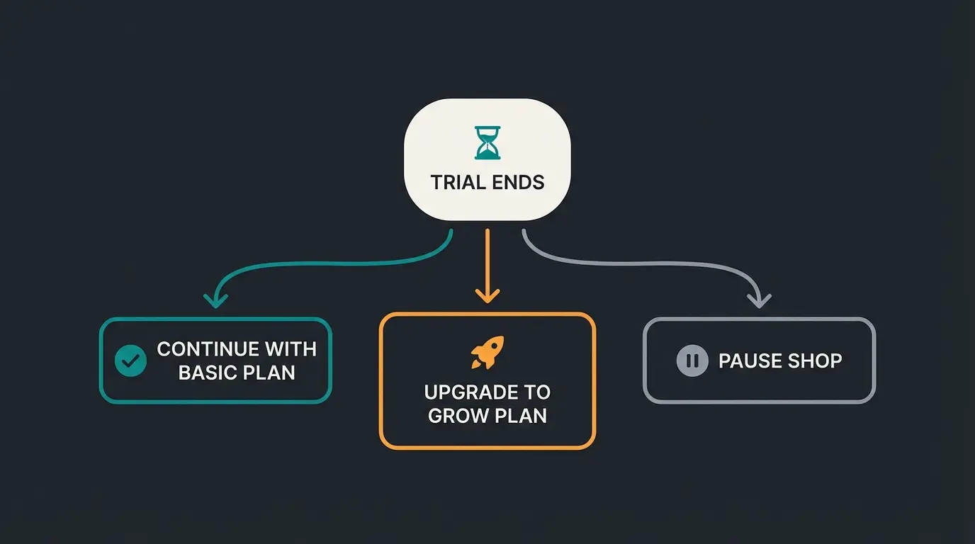 Entscheidungsbaum nach der Shopify Testphase: Basic weiterfuehren, auf Grow upgraden oder Shop pausieren