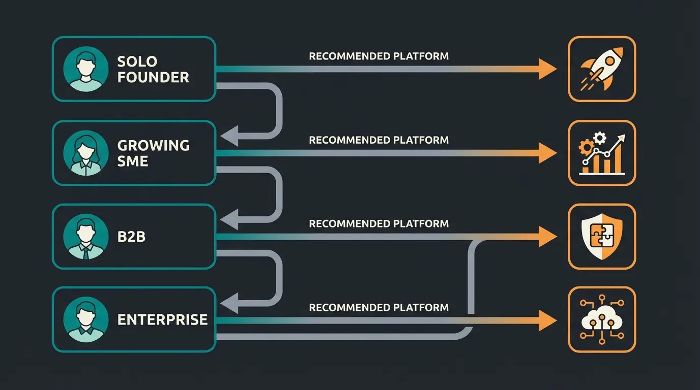 Decision flowchart matching business profiles to recommended ecommerce platforms