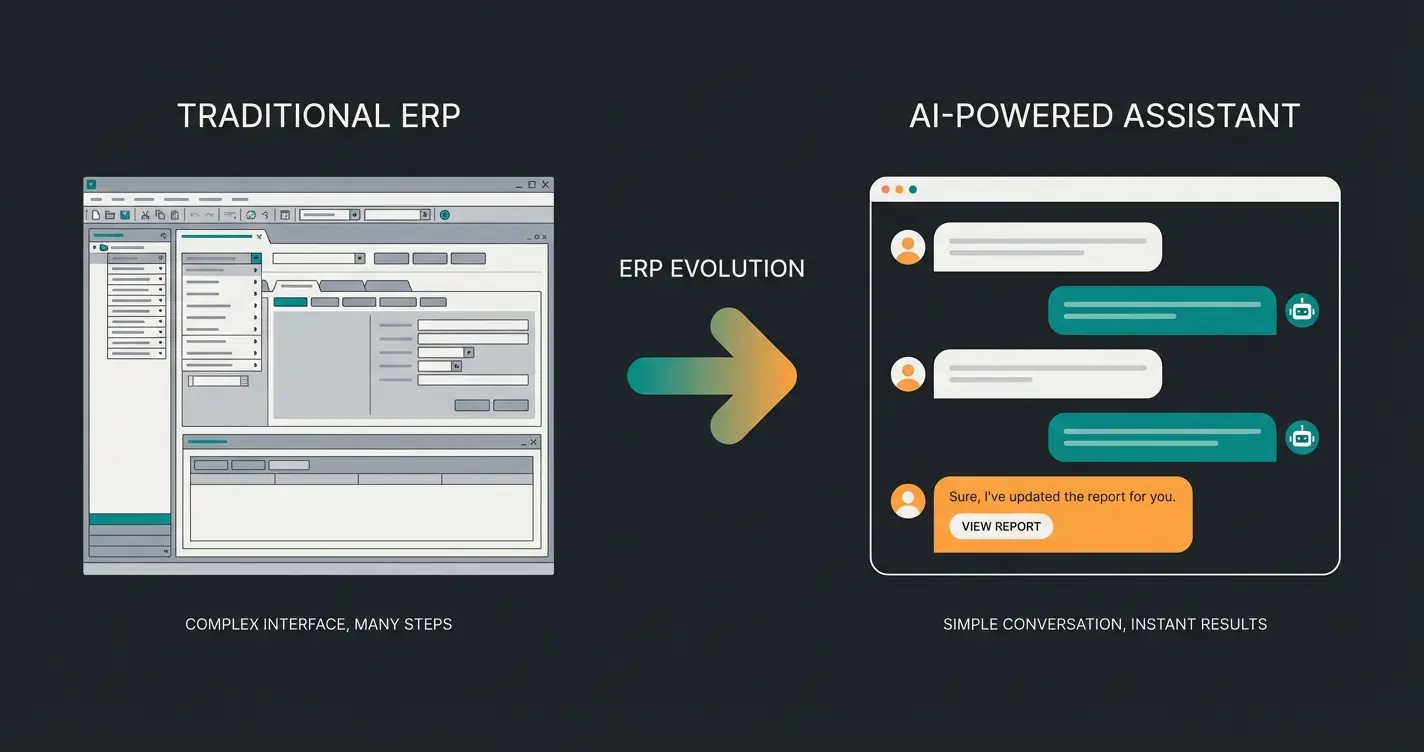 Comparison between traditional ERP interface and AI-powered conversational ERP