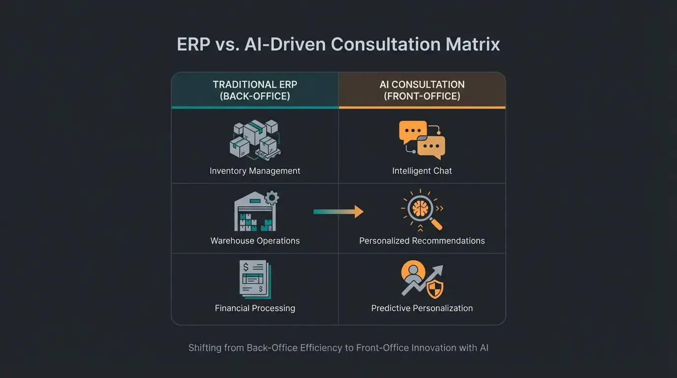 System versus solution comparison matrix showing ERP functions versus AI consultation capabilities