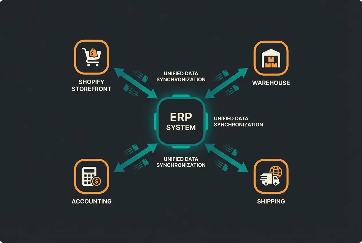 Shopify ERP-Anbindung mit zentraler Datensynchronisierung zwischen Shop, Lager, Buchhaltung und Versand