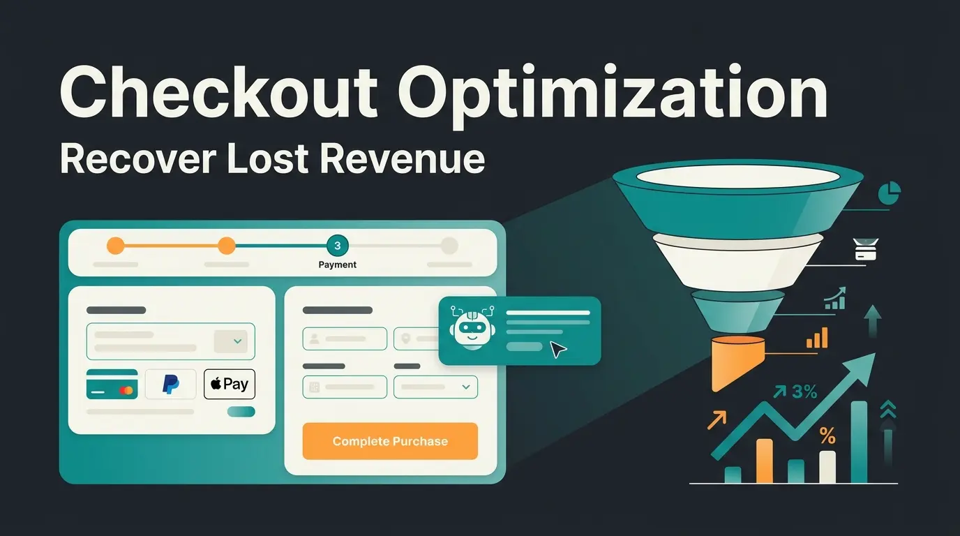 Checkout optimization strategies showing a streamlined purchase flow with AI consultation and conversion metrics