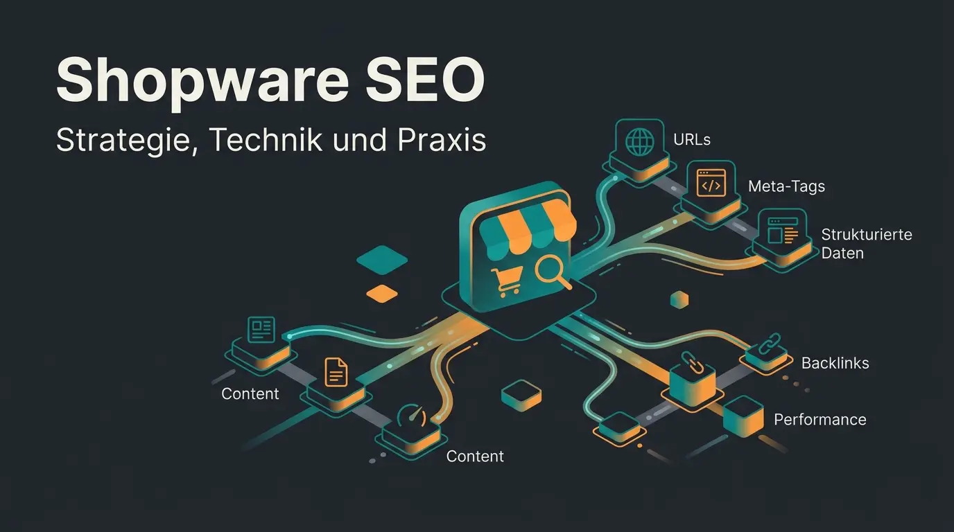 Abstrakte Darstellung von Shopware SEO-Elementen als vernetzte Struktur