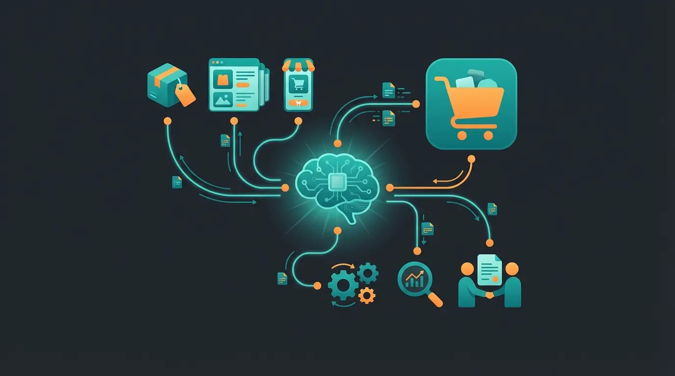 Abstract representation of digital consulting in e-commerce showing data streams connecting to a shopping cart