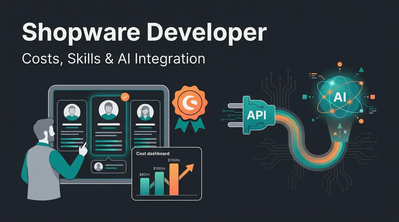 Shopware developer selection with cost bars, certification badge, and an AI integration node in flat design
