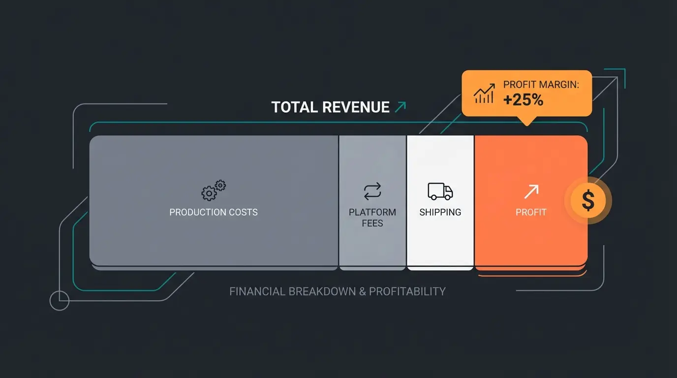 Print on demand cost and profit margin breakdown showing production costs, platform fees, and net profit