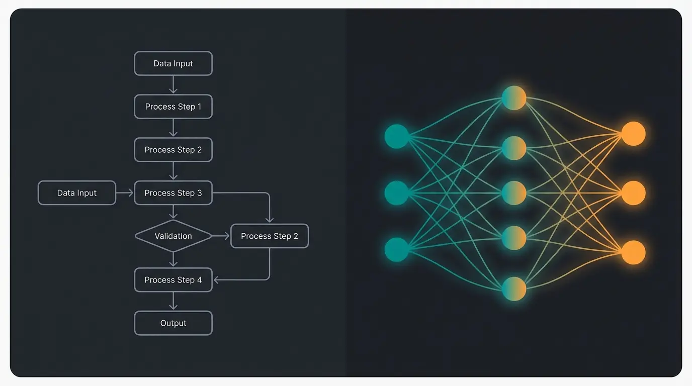 Diagram comparing linear rule-based logic vs neural AI network logic