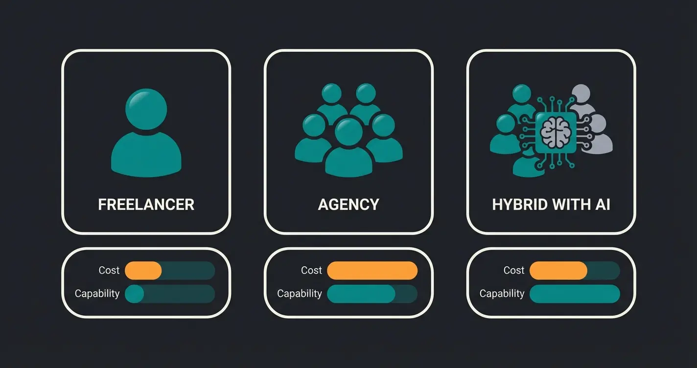 Vergleich der drei Shopware Betreuungsmodelle: Freelancer, Agentur und Hybrid mit KI