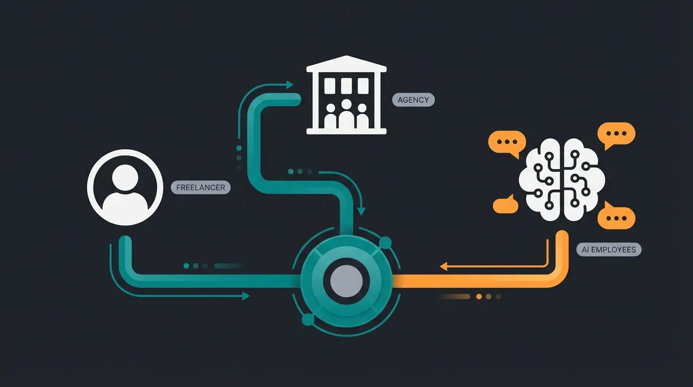 Three WooCommerce development paths compared: freelancer, agency, and AI employee options branching from a central decision point
