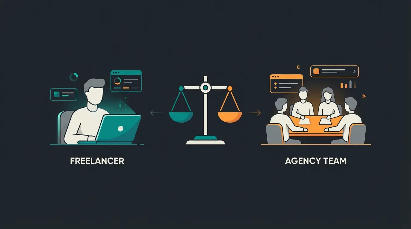 Visual comparison of Shopware SEO freelancer versus agency team structure and capabilities