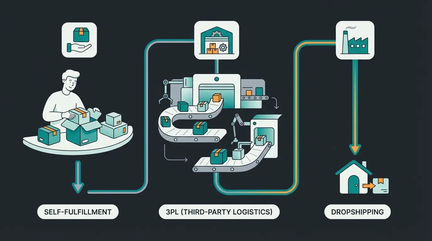 Comparison of three Shopify fulfillment models: self-fulfillment, 3PL, and dropshipping workflows