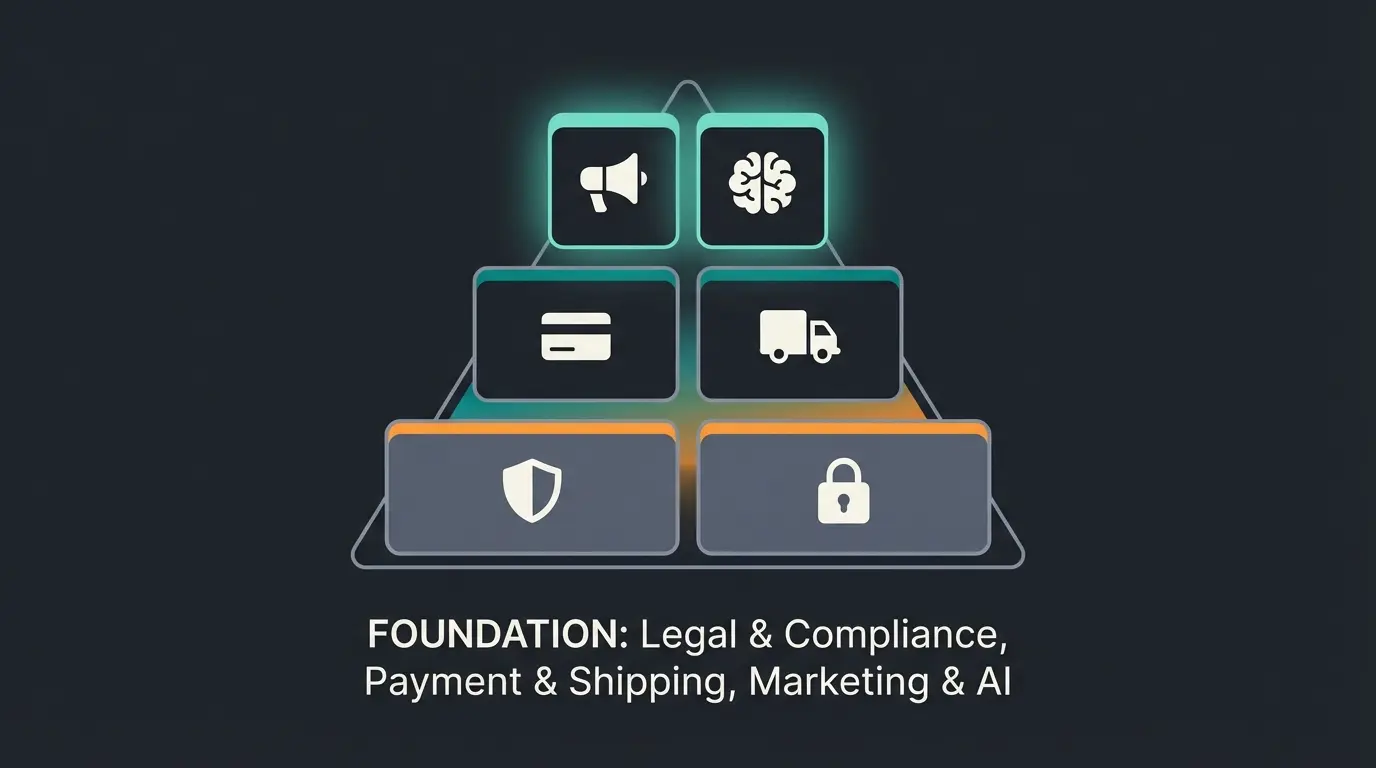 Shopware plugin foundation pyramid with legal compliance at the base, payment and shipping in the middle, and marketing and AI at the top