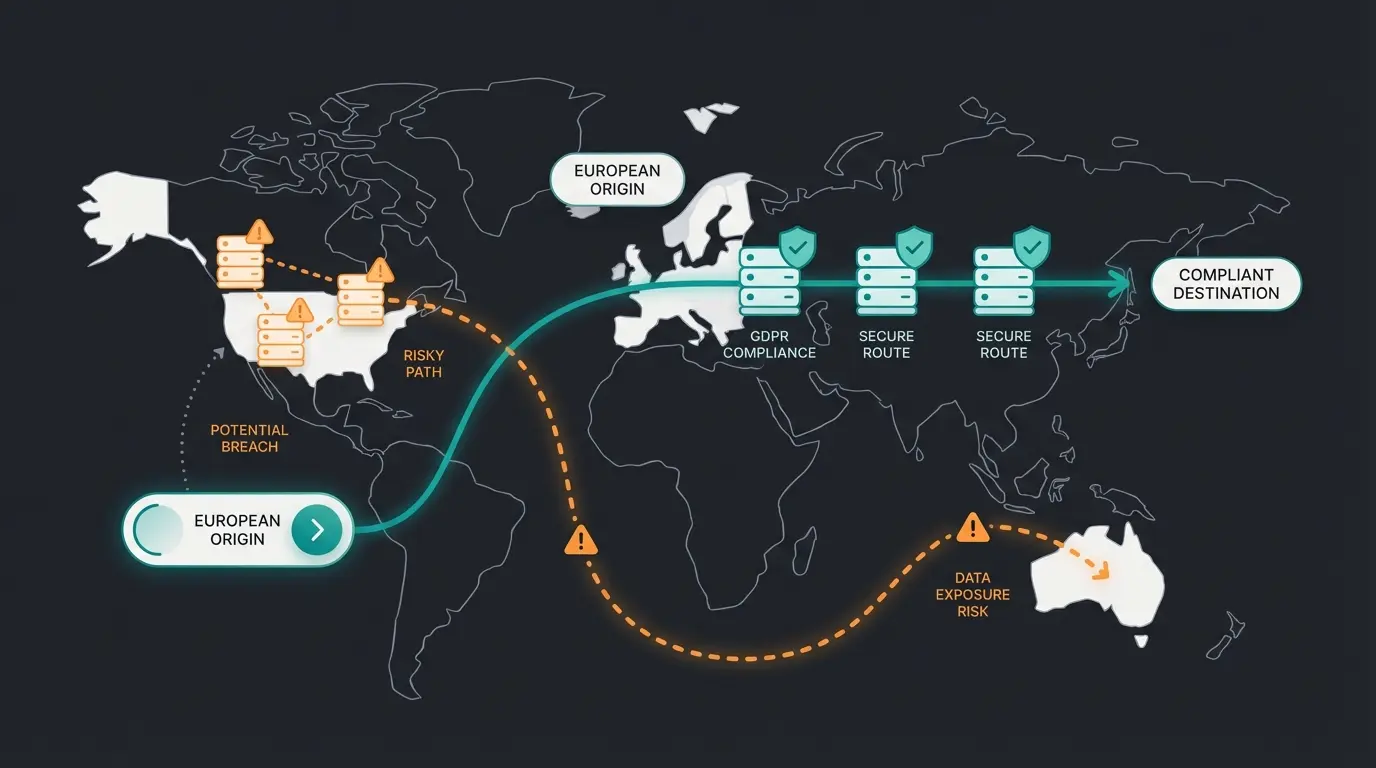 Data privacy map showing GDPR data flow paths through US and EU servers